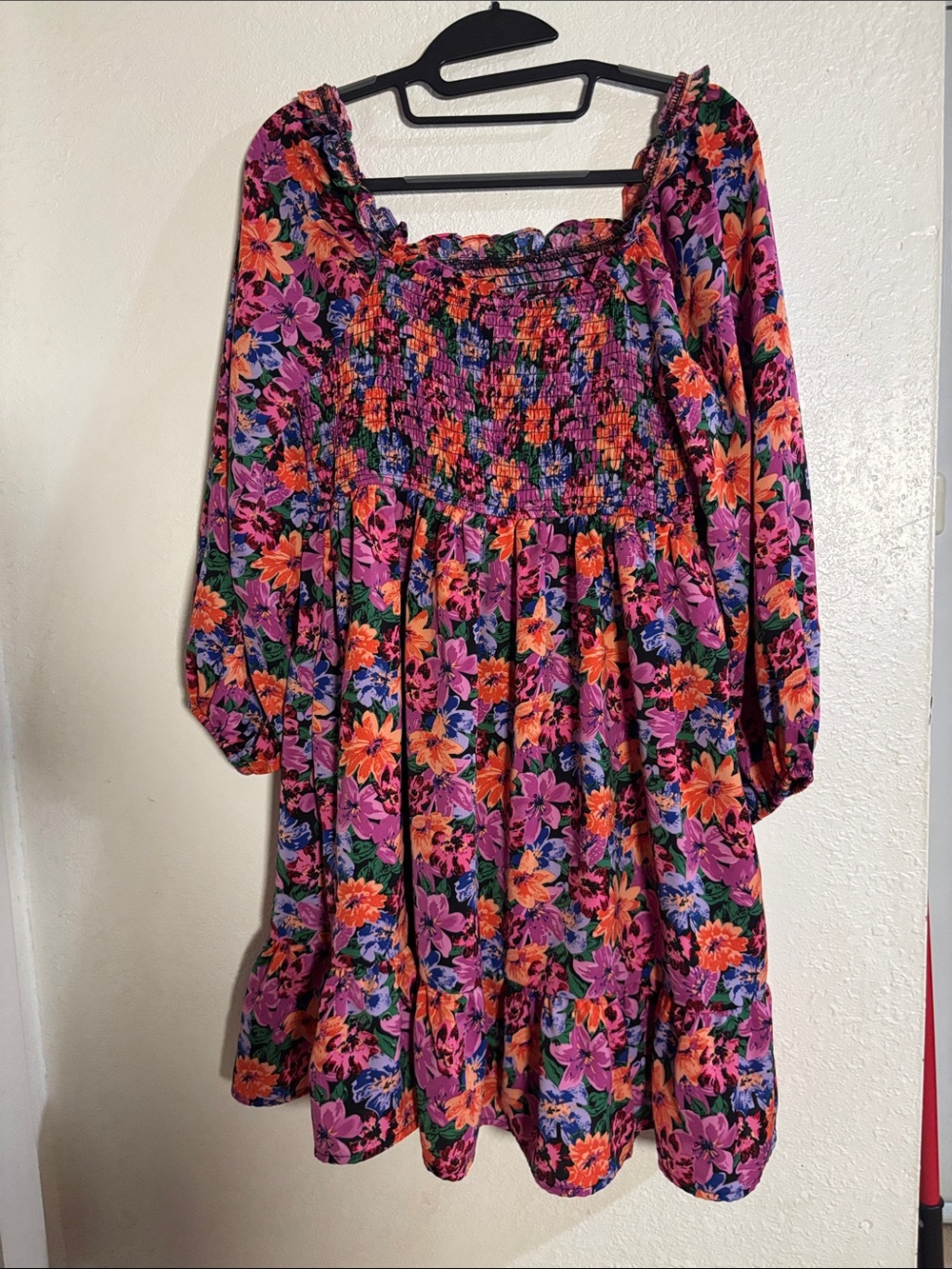 Girls Floral Smocked Square-Neck Dress - Pink & Orange